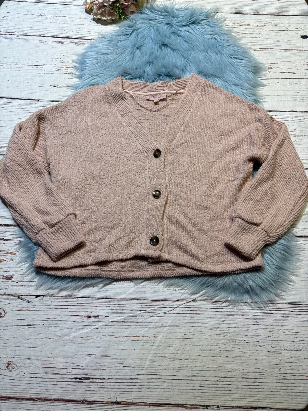 Philosophy Dusty Pink Textured V-Neck Button Cardigan sz L